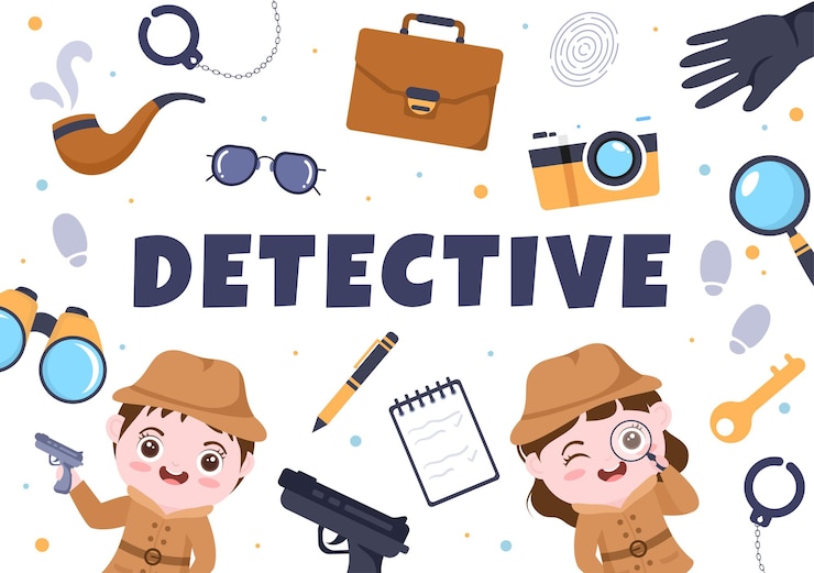 Vector detective o investigador privado de niños que recopila información con equipo en la ilustración