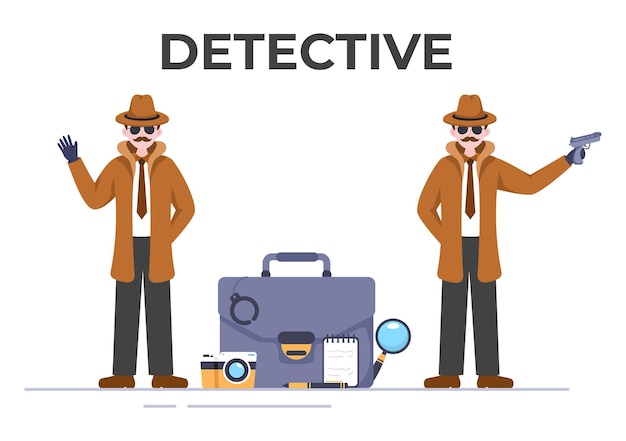 Vector detective o investigador privado que recopila información con equipo en la ilustración