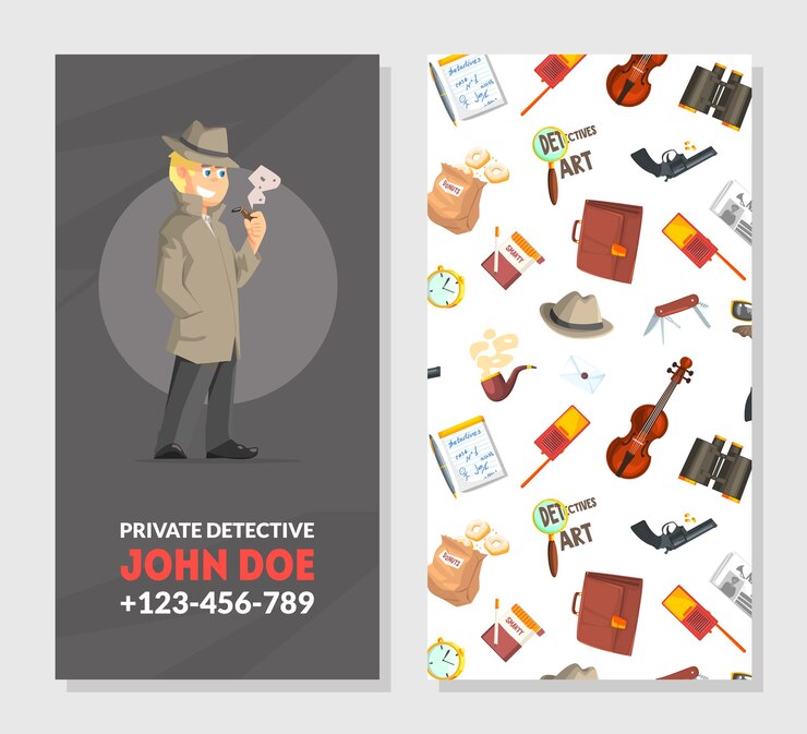 Vector detective privado plantilla de tarjeta de visita investigadores equipo y accesorios marco con lugar para texto trabajo de vigilancia profesional ilustración vectorial diseño web