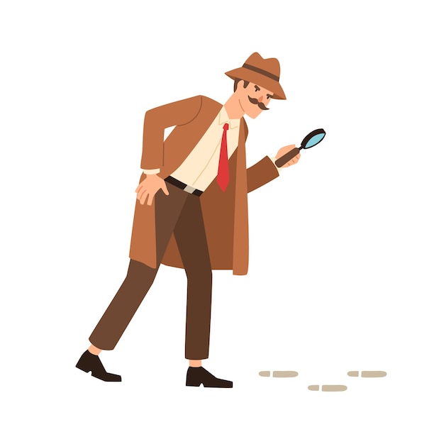 Detective privado que sigue el rastro a través de la ilustración plana del vector de lupa. El inspector con abrigo, sombrero y bigote sostiene un reloj de lupa sobre una huella misteriosa aislada en el fondo blanco.