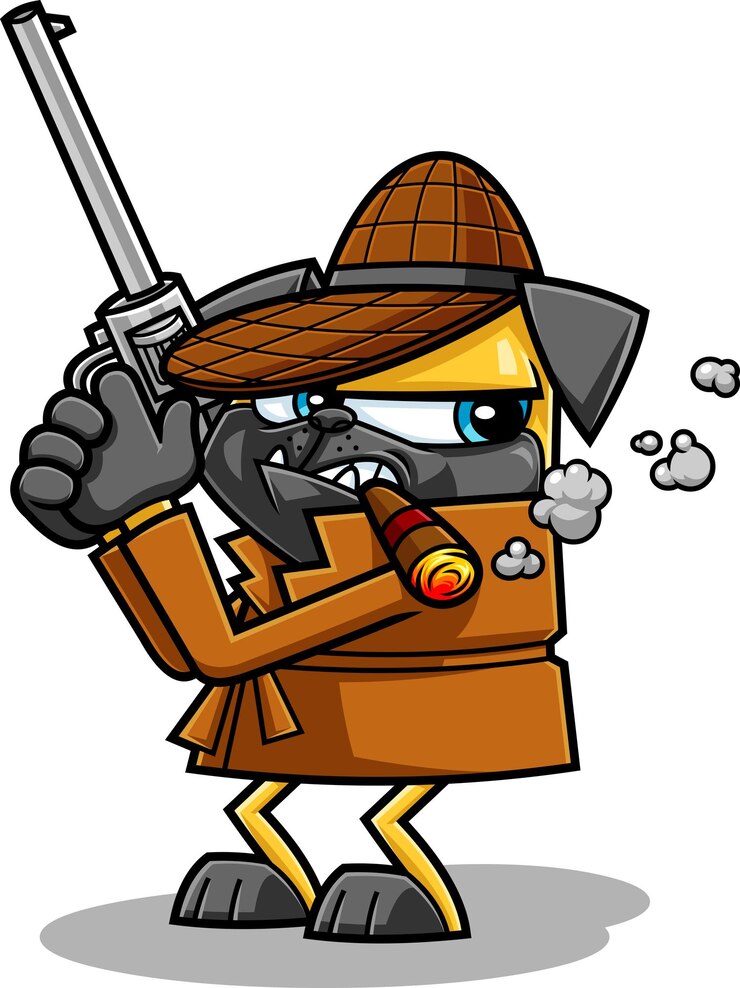 Vector detective pug dog cartoon character fumando un cigarro y sosteniendo un arma.