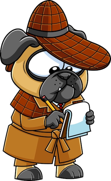 Detective Pug Dog Personaje de dibujos animados haciendo notas. Ilustración dibujada a mano vectorial