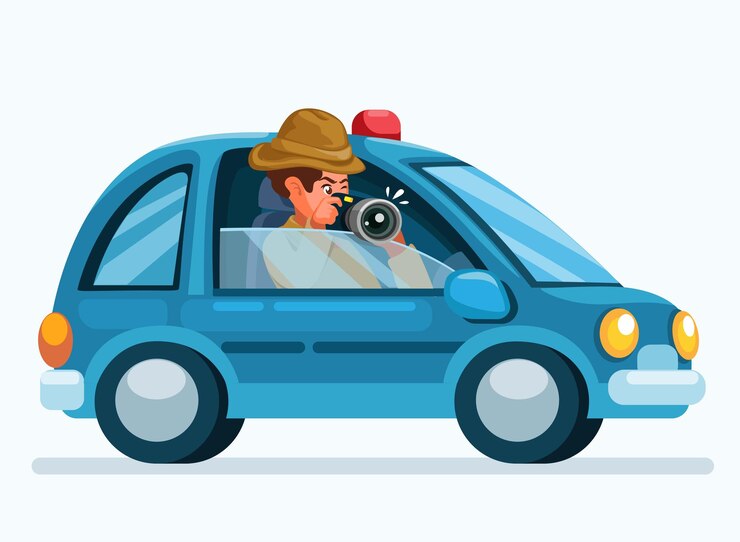 Vector el detective toma fotos desde el interior del coche. vector de escena de espionaje