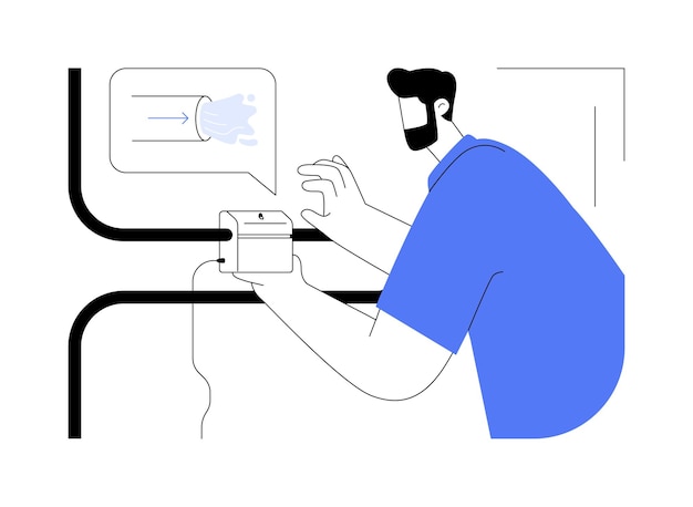 Detector de fugas de agua concepto abstracto ilustración vectorial Hombre comprobando detector de fugas de agua fuentes de energía sostenibles tecnología doméstica inteligente equipo moderno y metáfora abstracta del sensor