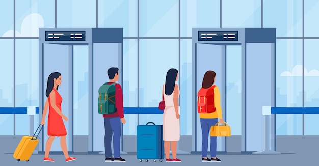 Detectores de metales de seguridad del aeropuerto en la sala de espera del aeropuerto Pasajeros que pasan por el escáner