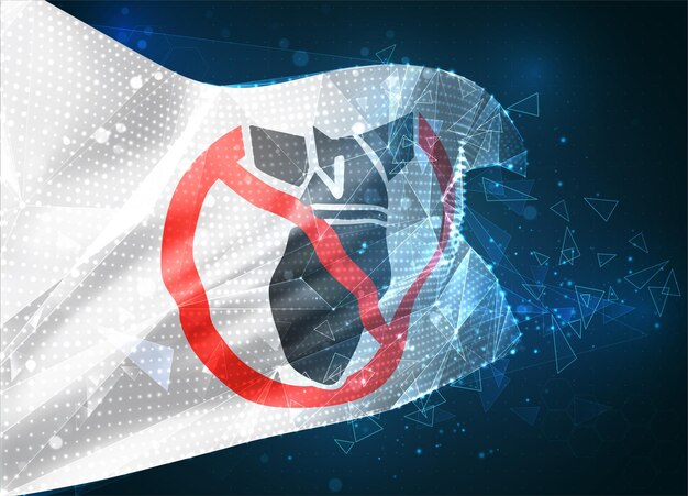 Detener la bandera de vector de guerra, objeto virtual abstracto 3D de polígonos triangulares sobre un fondo azul