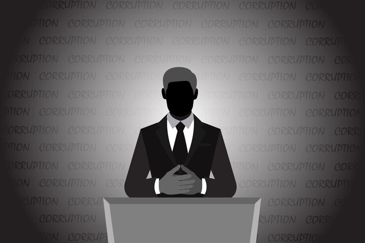detener el concepto de corrupción político parado frente al podio con antecedentes de corrupción