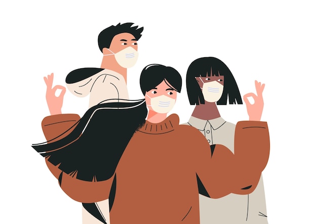 Detener el concepto de odio asiático Apoye a las comunidades asiático-estadounidenses. Campaña anti AAPI. Detener el racismo, bandera de igualdad racial. Personas con mascarillas. Ilustración vectorial de dibujos animados plana