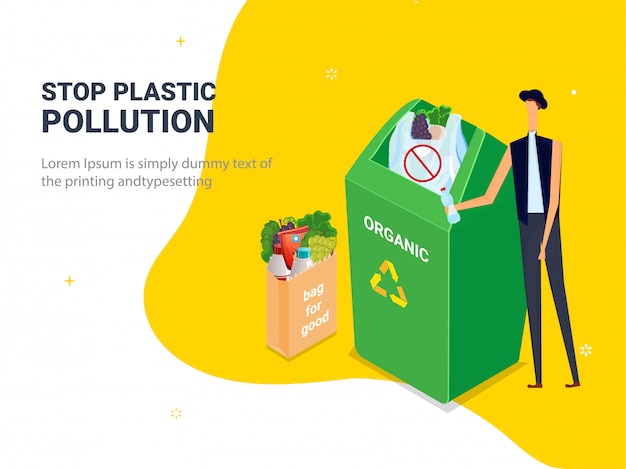 Detener la contaminación del plástico. Bolsas de basura plásticas en cubo de basura con carácter de hombre.