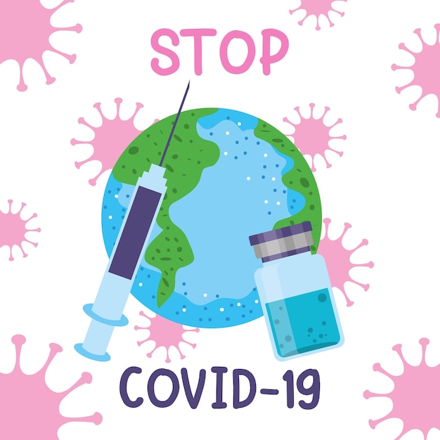 Detener covid 19 con planeta y virus con vacuna covid 19. ilustración vectorial