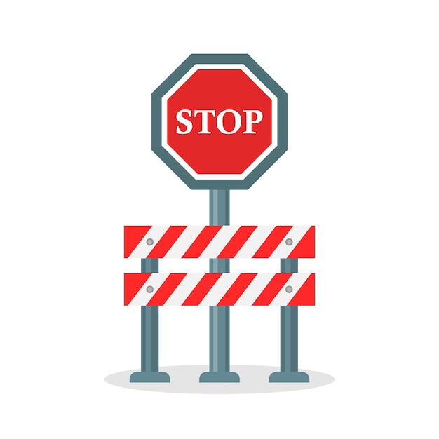 Detener el icono de barrera de tráfico en estilo plano Ilustración de vector de trabajo vial en fondo aislado Concepto de negocio de signo de barricada de seguridad