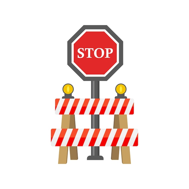 Detener el icono de barrera de tráfico en estilo plano Ilustración de vector de trabajo vial en fondo aislado Concepto de negocio de signo de barricada de seguridad