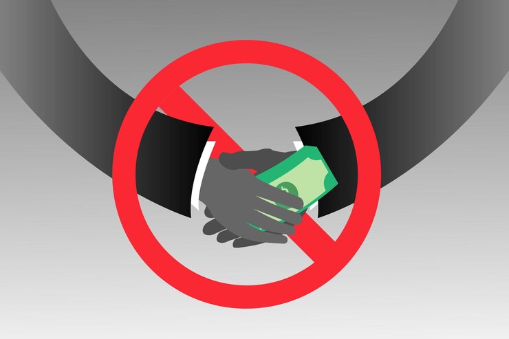 detener la ilustración del concepto de corrupción, dar sobornos a mano estrechando la mano con el signo de prohibición rojo