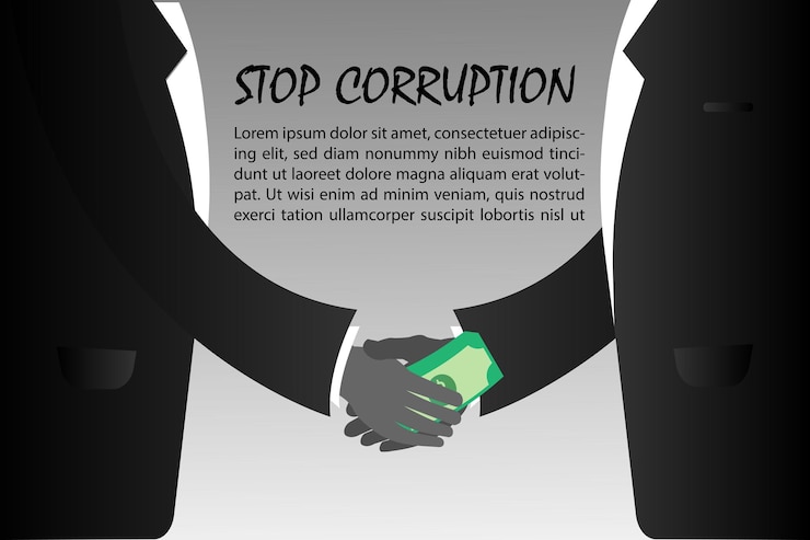 detener la ilustración del concepto de corrupción, dar sobornos a mano estrechando la mano con el titular del espacio de copia