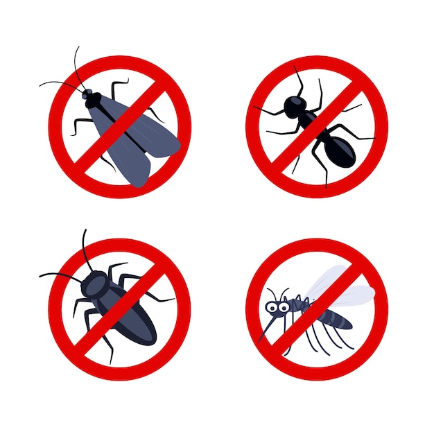 Detener insectos cucaracha mosquito hormiga polilla siluetas advertencia señal prohibida