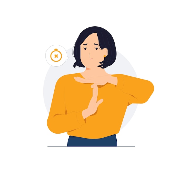 Detener pausa advertencia esperar Cansado molesto joven haciendo gesto de tiempo de espera pidiendo terminar la desagradable ilustración del concepto de conversación