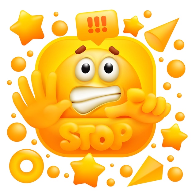 Detener la pegatina web. Personaje de emoji amarillo en estilo de dibujos animados.
