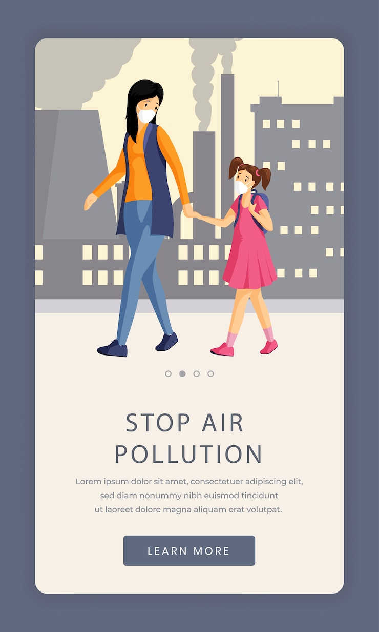 Vector detener la plantilla de pantalla de la aplicación de contaminación del aire. sitio web de teléfonos inteligentes con problemas de emisiones industriales con personas en respiradores con caracteres planos. protección contra smog urbano, interfaz de interfaz de usuario de dibujos animados de polvo