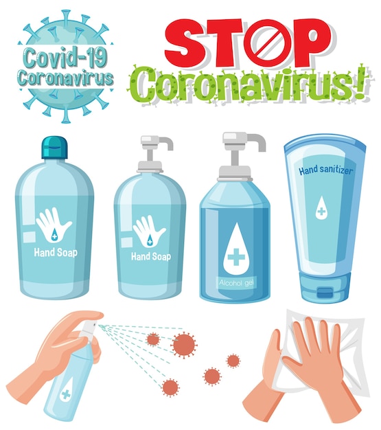Detener la señal de texto del coronavirus con el tema del coronavirus y productos desinfectantes