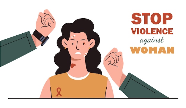 Detener la violencia contra las mujeres cartel chica joven cerca de los puños de los hombres abuso psicológico y mental