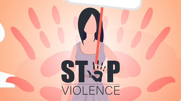 Detener la violencia contra las mujeres niña con una pancarta Día Internacional para la Eliminación de la Violencia contra la Mujer Ilustración vectorial