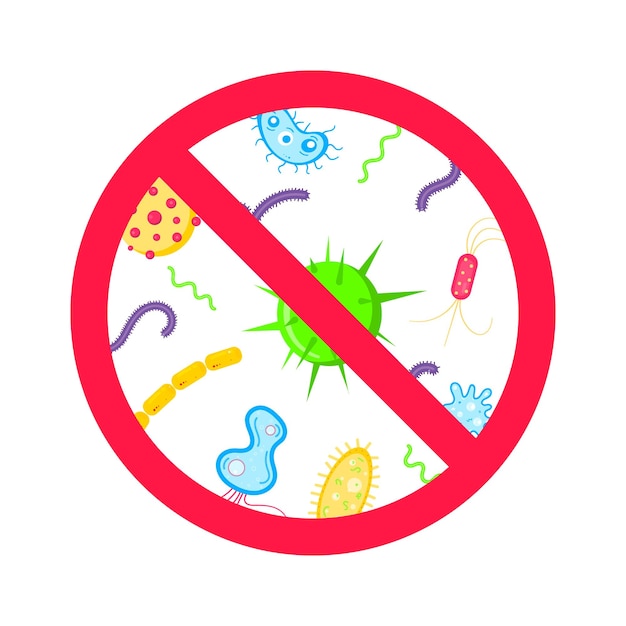 Detener virus y bacterias malas o señales de prohibición de gérmenes Grandes virus o gemas en el círculo rojo de parada