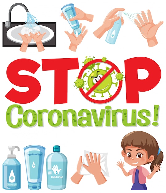 Vector detenga el logotipo del coronavirus con la mano usando productos desinfectantes