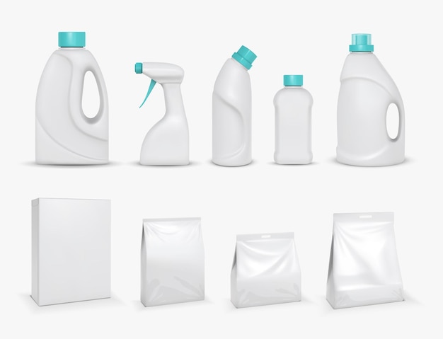 Detergente para ropa realista en caja y paquete de plástico, lejía, suavizante en botella. Detergente en polvo, conjunto de vectores de maqueta de producto limpiador de telas. Ilustración de envase y botella.
