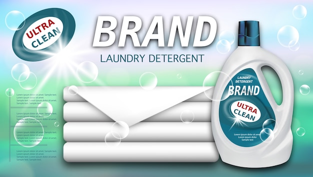 Detergente para ropa en recipiente de plástico y toallas limpias, diseño de paquete para detergentes líquidos.