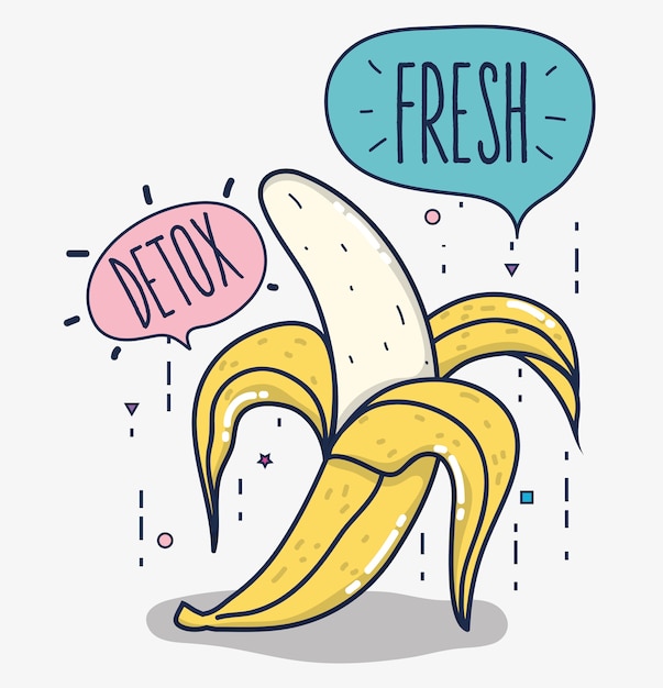 Detox y frutas frescas plátano y burbujas en blanco