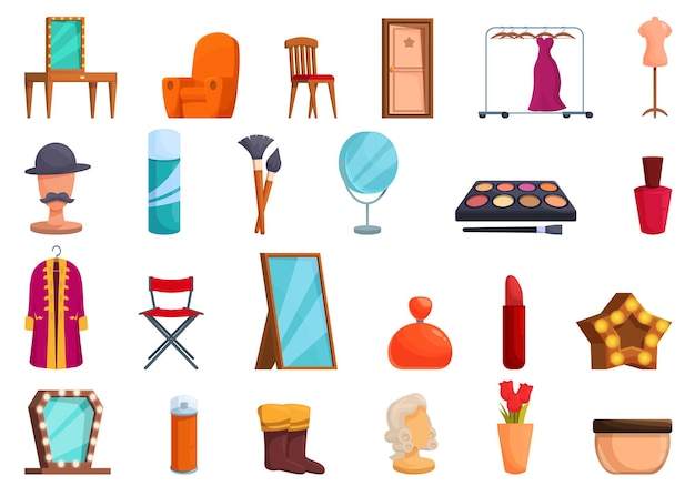 Detrás del escenario, los iconos de la sala de teatro establecen el vector de dibujos animados, el maquillaje, el vestuario, el baño de espejo.