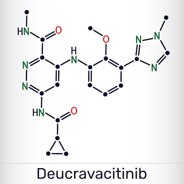 Deucravacitinib molécula medicamento inhibidor TYK2 para la psoriasis y las enfermedades autoinmunes fórmula esquelética