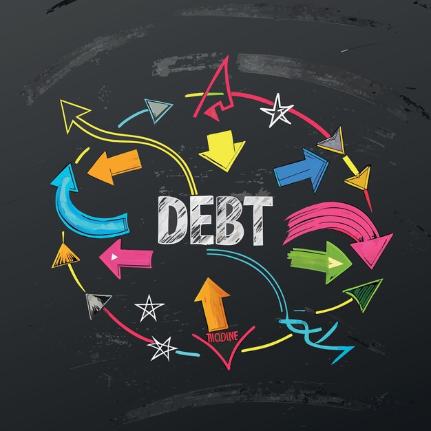 Vector deuda obligación financiera que usted pide prestado dinero y tiene que pagar el concepto de flechas de varios colores p