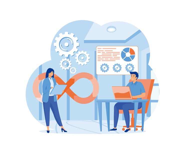 Vector dev0ps ingenieros diseño web con personas dev0ps trabajar con computadoras escena vector plano ilustración moderna