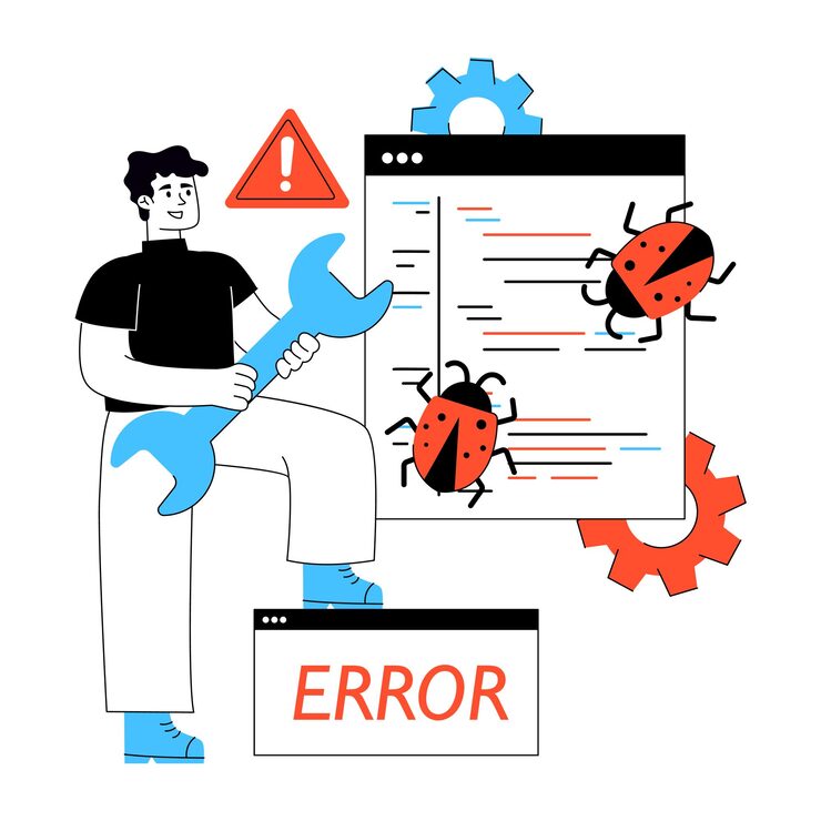 Vector developer debugging software code and fixing errors