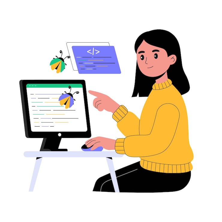 Vector developer fixing errors and debugging code on computer screen illustration
