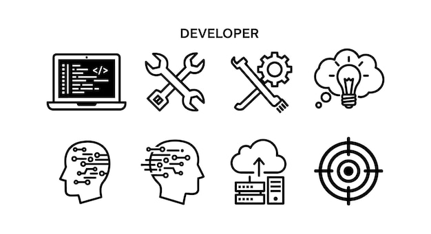 Developer technology icons set with laptop coding tools brain circuits cloud upload and target symbols for software design and programming concepts