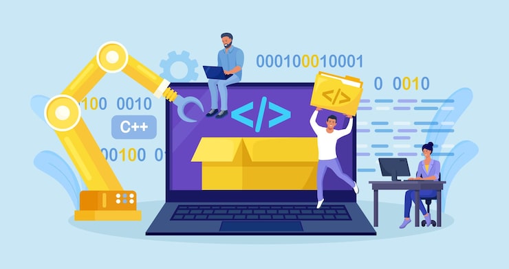 Vector developers creating software script at computer with open robotic soft open automation architecture open source free development programmers programming website for internet platform