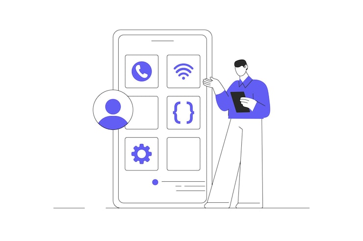 Vector development and programming developer programming code and building mobile app with programmer