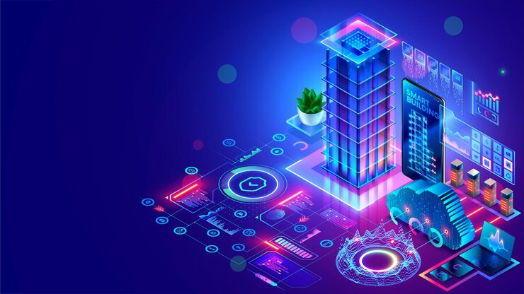 Vector development architecture computer systems of smart building design modern building construction with ai controls project smart house construction with artificial intelligence and iot systems