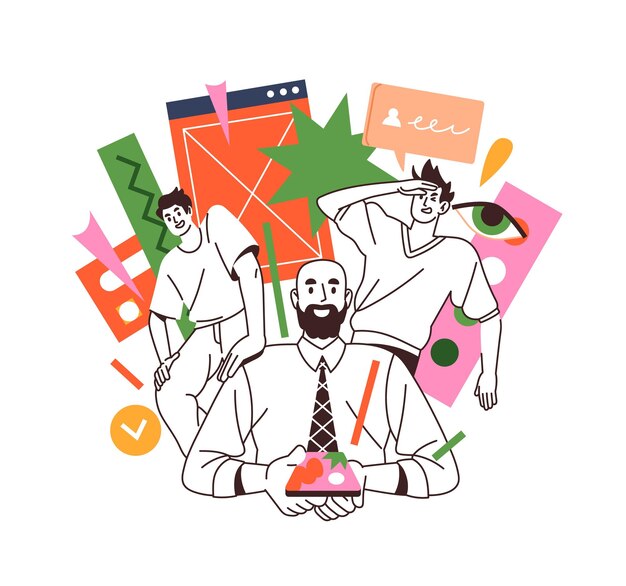 Development of UX UI design concept Designers create new user interface of mobile app Team redesigns UIUX updates GUI of prototypes Flat isolated outline vector illustration on white background
