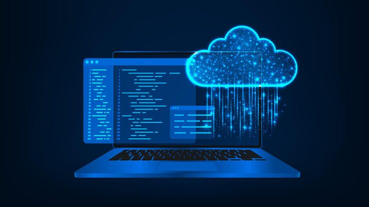Vector development software programming concepts abstract programming code with cloud on laptop