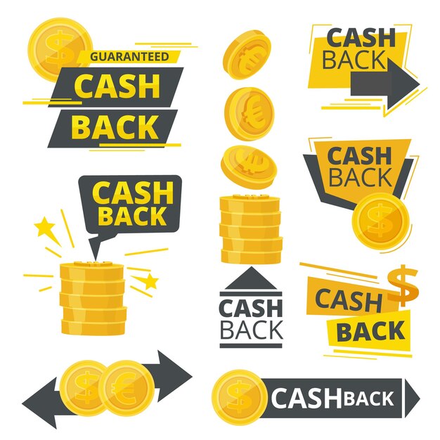 Devolución de dinero. Anuncios promocionales, insignias, pegatinas, ofertas especiales, imágenes de servicios de dinero.