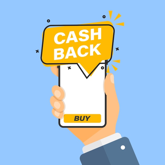Devolución de dinero con el teléfono inteligente en la mano icono en estilo plano Ilustración vectorial de la etiqueta de devolución de dinero en un fondo aislado Concepto de negocio de cartel de develación de dinero