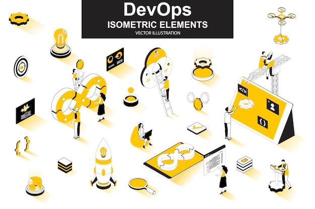 Devops 3d elementos de línea isométrica