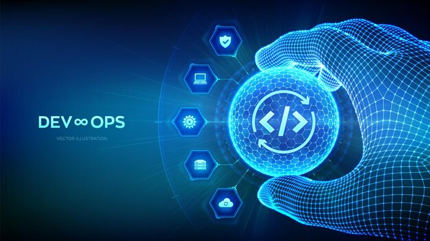 Devops Concepto de optimización de desarrollo ágil en forma de esfera con patrón hexagonal en la mano