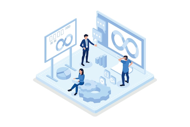Devops en el concepto de trabajo. Puede usarse para banner web, infografías, imágenes de héroes, vector isométrico
