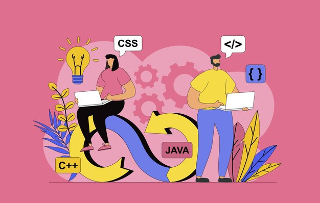DevOps ingenieros concepto de equipo con diseño plano moderno para la web Hombre y mujer trabajando juntos programadores comunicándose y haciendo lluvia de ideas gestión y configuración de procesos Ilustración vectorial