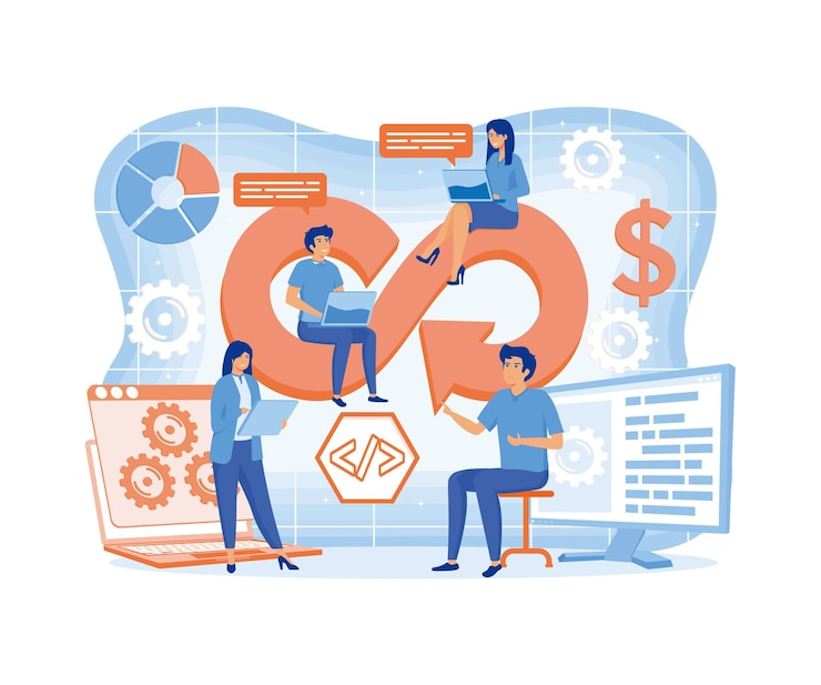 Vector devops ingenieros diseño web con personas devops desarrolladores trabajan con computadoras escena operaciones de desarrollo composición vector plano ilustración moderna