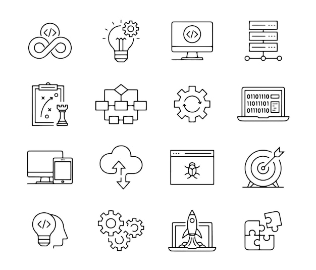 DevOps Line Icon Set Codificación Desarrollador Programación Tecnología de Internet Software